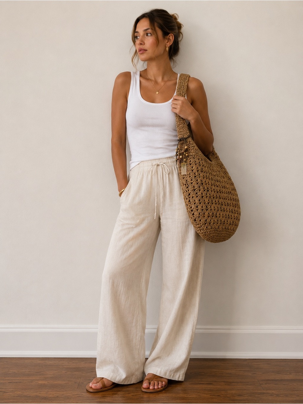 Handwoven Straw Shoulder Bag in Tan